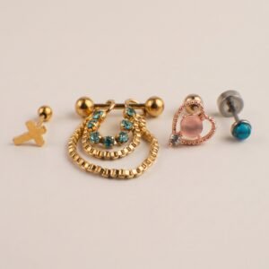 Combo Oreja Dorado Multicolor & Corazon Rosa Dije