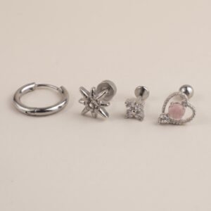 Combo Oreja Corazon Rosa Dije & Cluster Flor 3