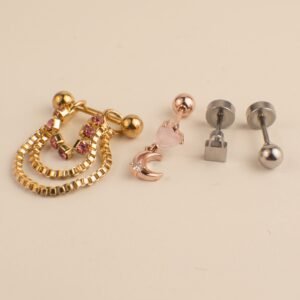 Combo Oreja Dorado Rojo Rosa & Colgante Largo Dorado
