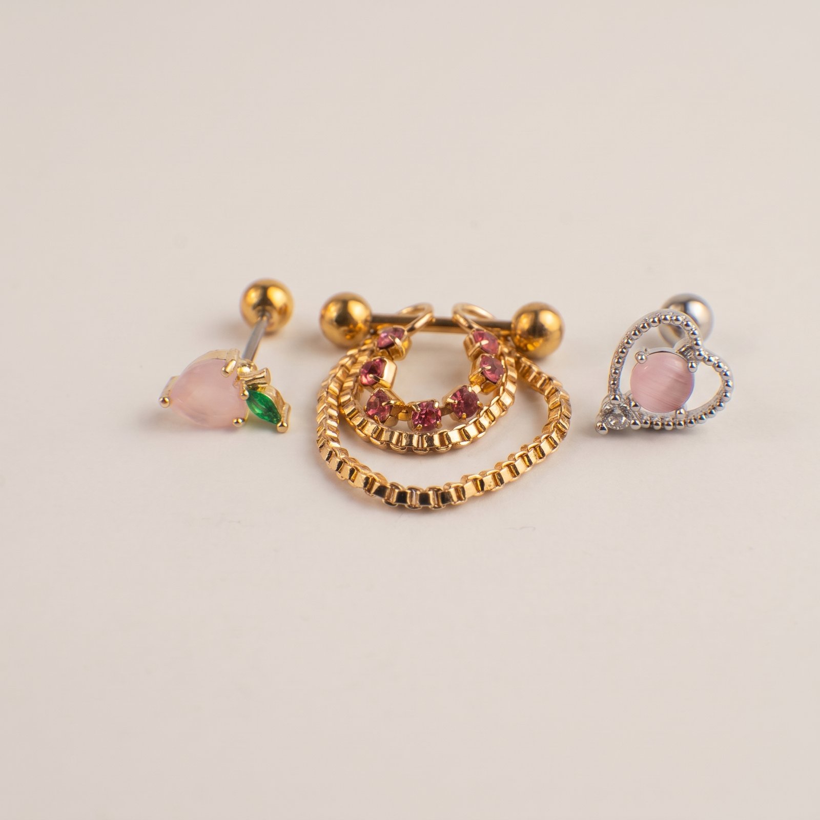 Combo Oreja Dorado Rojo Rosa & Corazon Rosa Dije