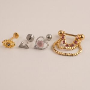 Stack de Oreja Dorado Rojo Rosa + Corazon Rosa Dije
