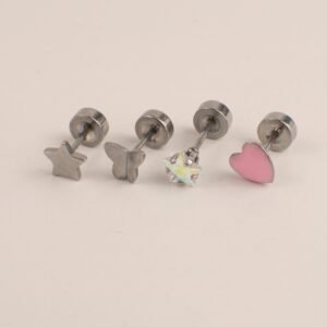 Combo Oreja Estrella Arcoiris & Corazon Cabujon Rosa