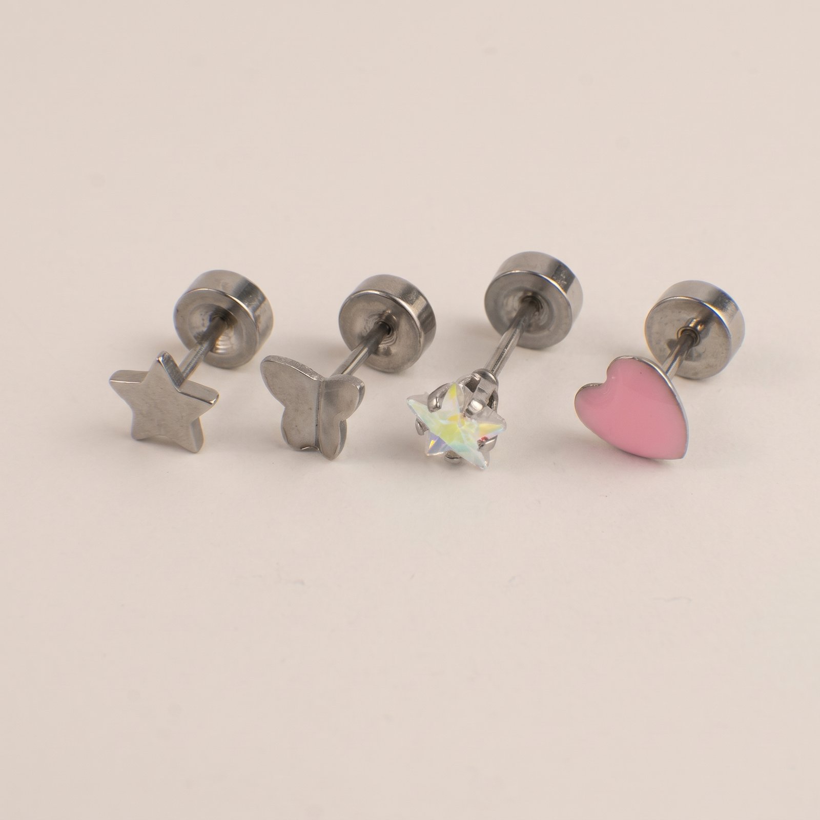 Combo Oreja Estrella Arcoiris & Corazon Cabujon Rosa