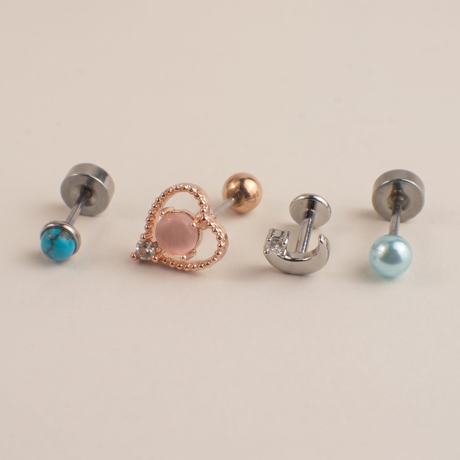 Combo Oreja Corazon Rosa Dije & Luna Creciente